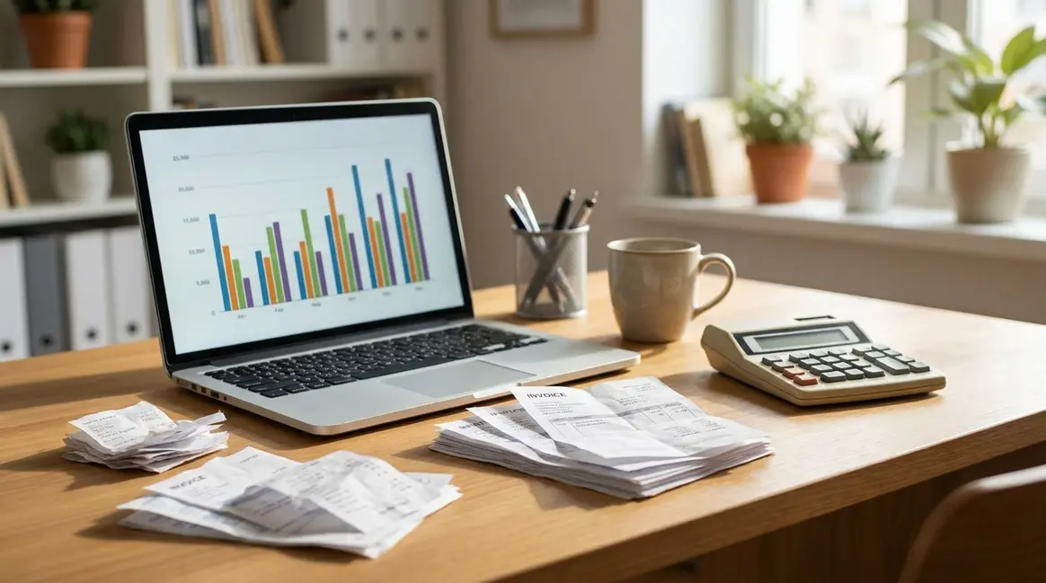 Mesa de escritório com um laptop exibindo um gráfico de barras financeiro, notas fiscais espalhadas e uma calculadora, simbolizando a gestão fiscal e o impacto tributário para vendedores de e-commerce.