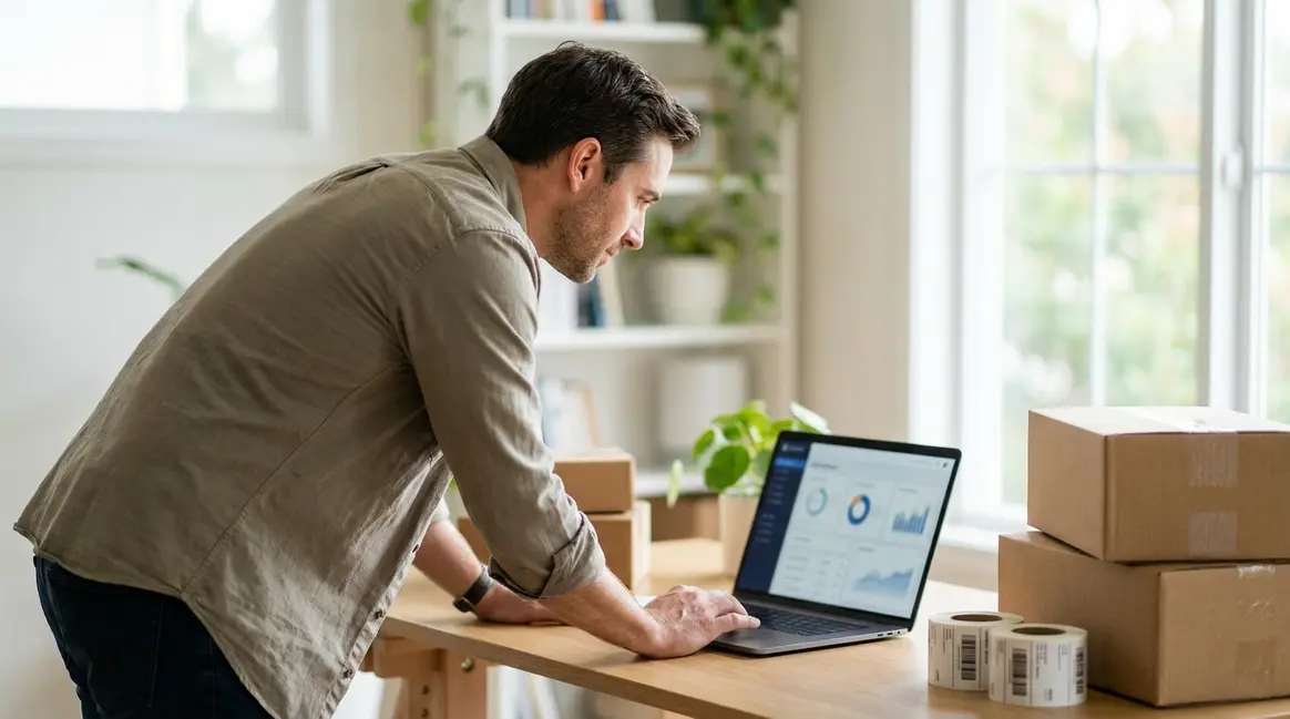 Um vendedor de e-commerce em seu escritório, olhando para um laptop que exibe um dashboard de vendas do Magazine Luíza. Há caixas de produtos embaladas e etiquetas de envio na mesa, com uma iluminação clara e focada na produtividade.