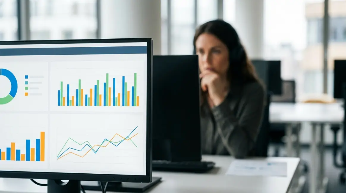 Um close-up de uma tela de computador exibindo um dashboard de performance de anúncios do Mercado Livre, com gráficos e métricas de vendas. Ao fundo, desfocado, um vendedor analisa os dados com uma expressão focada em um escritório moderno.