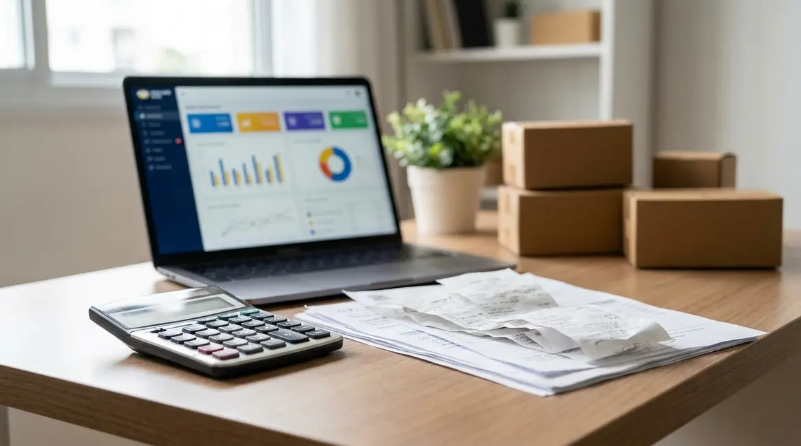 Mesa de escritório com um laptop exibindo um dashboard de vendas do Mercado Livre, uma calculadora, notas fiscais e pequenos pacotes de produtos ao fundo. A iluminação é clara e focada nos documentos e na tela, transmitindo uma sensação de análise e planejamento.