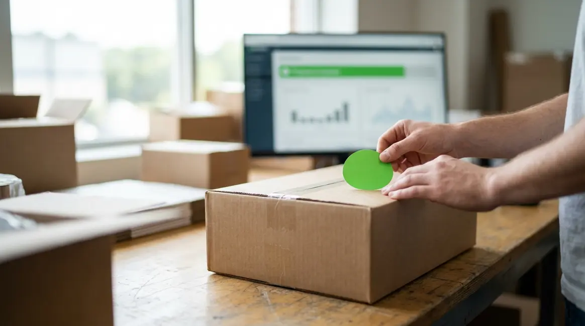 Um pacote do Mercado Livre sendo preparado para envio em uma mesa de embalagem, com um selo verde de 'frete grátis' visível. Ao fundo, um monitor exibe o painel de reputação de um vendedor com a barra verde destacada.
