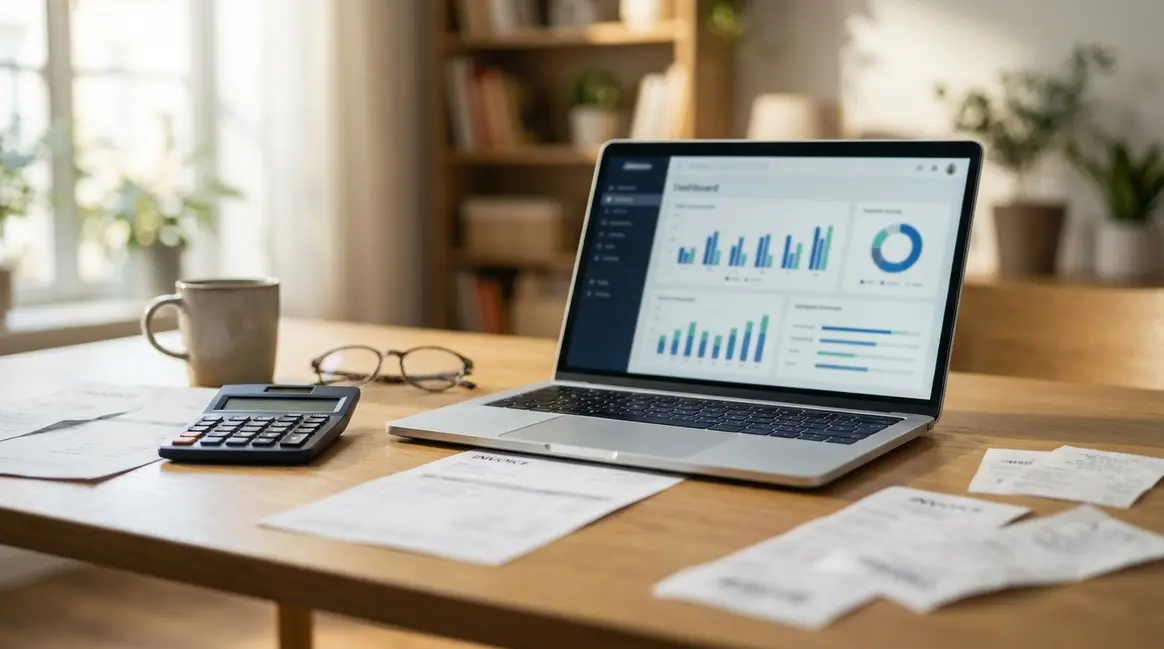 Mesa de escritório com um laptop exibindo o painel de vendas do Mercado Livre, uma calculadora, e notas fiscais espalhadas, sob uma luz focada.
