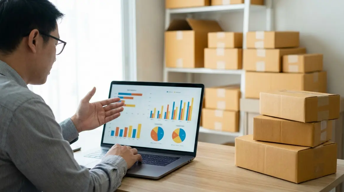 Vendedor de e-commerce em frente a um computador com um dashboard do Mercado Livre aberto, exibindo gráficos de vendas e estoque. Há caixas de produtos embalados ao fundo, sugerindo eficiência na logística.
