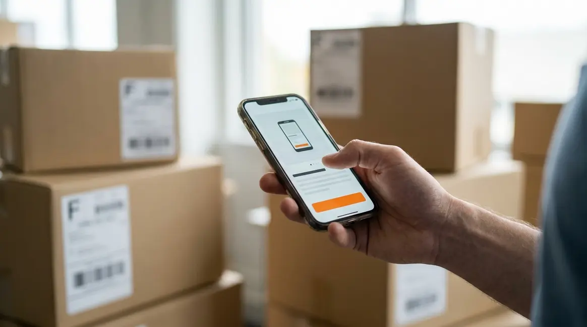Um smartphone exibindo a página de um produto no Mercado Livre com um botão 'Comprar Agora' em destaque, sendo segurado por uma mão. Ao fundo, caixas de papelão empilhadas e etiquetas de envio, sugerindo um ambiente de e-commerce.