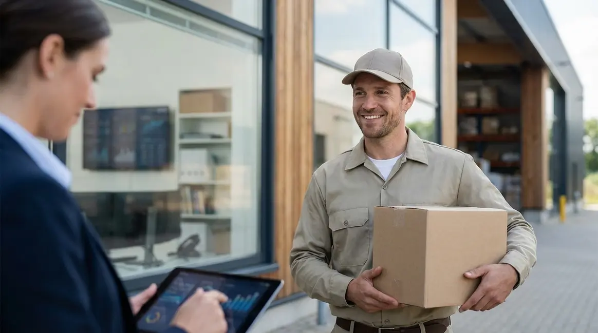 Um entregador sorridente em frente a um armazém moderno, segurando um pacote com o logo do Mercado Livre, enquanto um vendedor em um escritório monitora um painel de controle de entregas em um tablet.