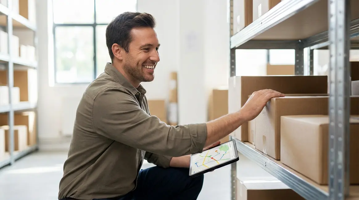 Um vendedor de e-commerce sorrindo, organizando pacotes em um armazém iluminado, com um tablet exibindo rotas de entrega otimizadas e o logo do Mercado Livre sutilmente em segundo plano. A cena transmite eficiência e rapidez.