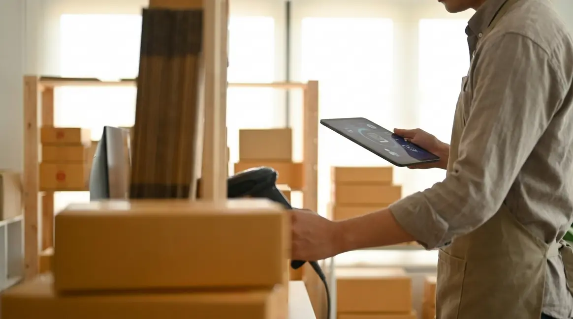 Vendedor de e-commerce em um pequeno centro de distribuição, organizando pacotes com etiquetas do Mercado Livre, com um tablet na mão mostrando o aplicativo Envios Flex, em um ambiente bem iluminado e organizado.