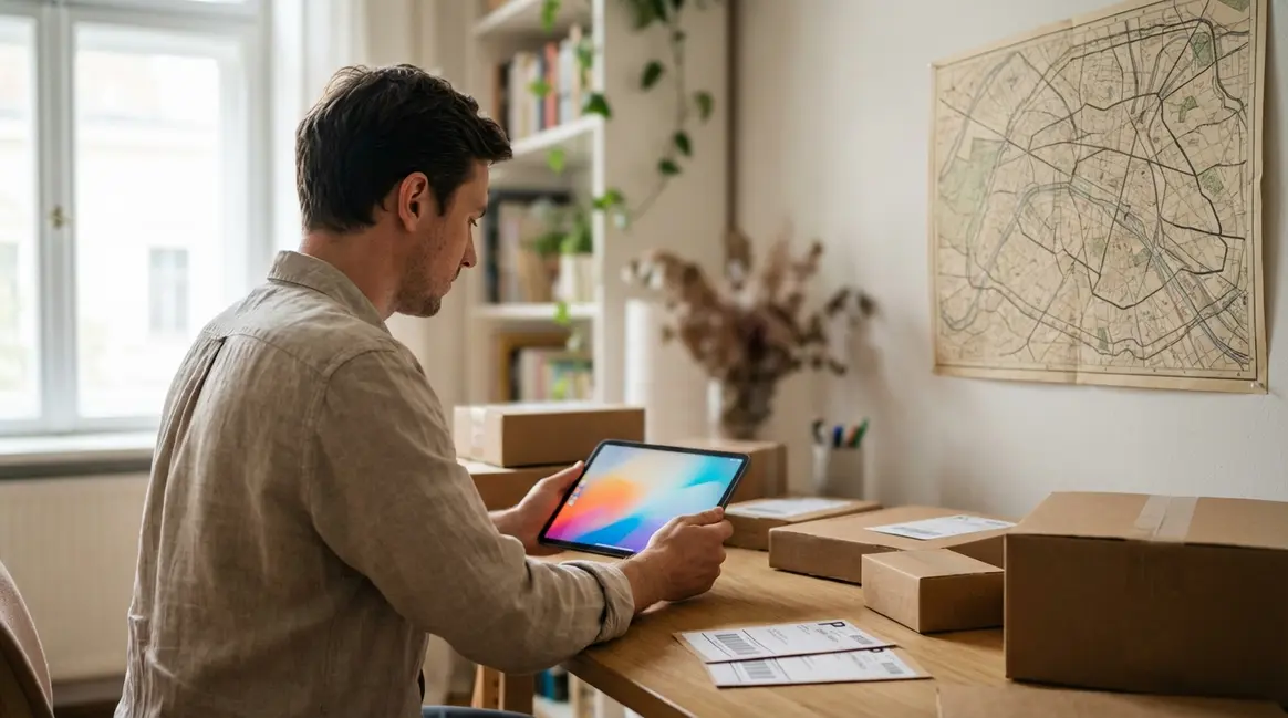 Um vendedor de e-commerce em um pequeno escritório, com pacotes prontos para envio e etiquetas de frete. Há um mapa da cidade ao fundo, indicando rotas de entrega, e um tablet exibindo o painel de controle do Mercado Livre.