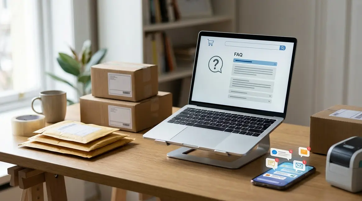 Mesa de escritório com um laptop exibindo a interface do Mercado Livre, mostrando uma seção de FAQ aberta. Ao lado, um smartphone com notificações e alguns pacotes de produtos prontos para envio, simbolizando a eficiência do vendedor.