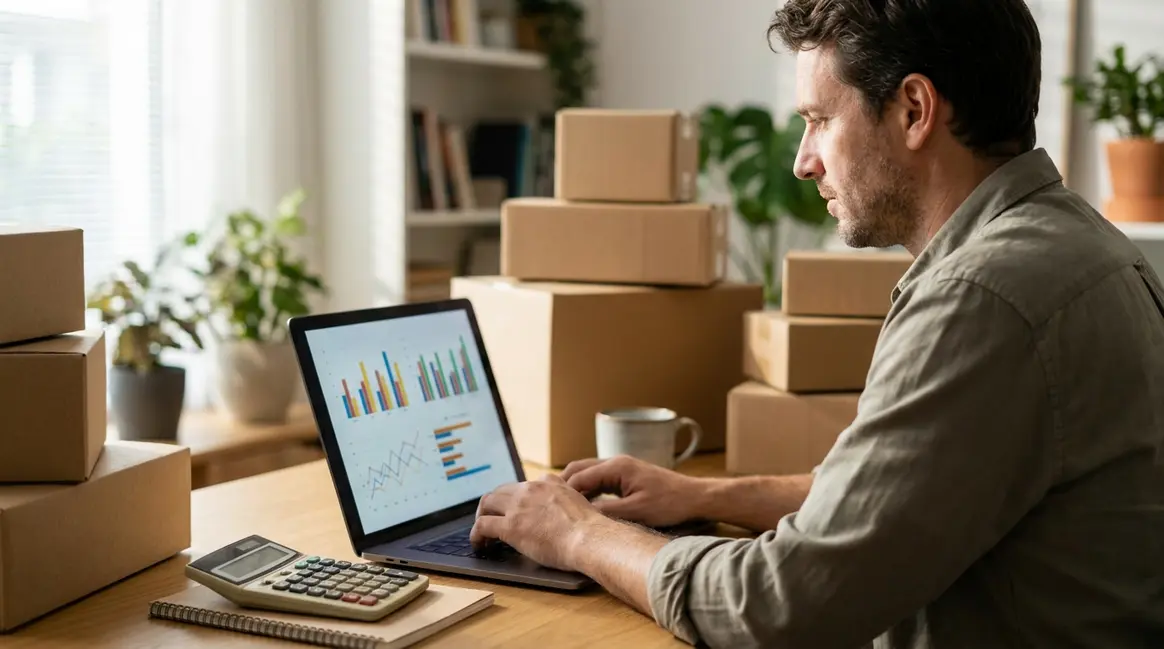 Um vendedor de e-commerce em seu escritório doméstico, olhando para um laptop que exibe um dashboard de vendas com gráficos de custos. Há caixas de produtos embalados ao fundo e uma calculadora na mesa, sugerindo análise financeira.