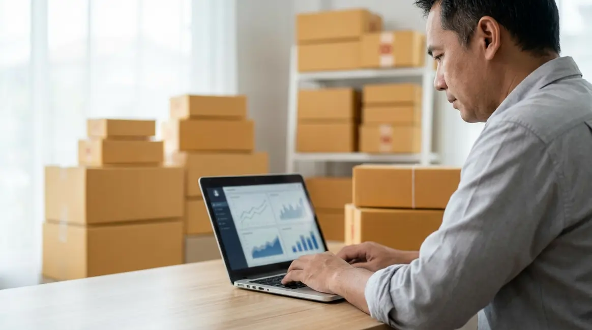 Vendedor de e-commerce em seu escritório, olhando para um laptop que exibe um painel de vendas do Mercado Livre com gráficos de crescimento, enquanto pacotes prontos para envio estão empilhados ao fundo.