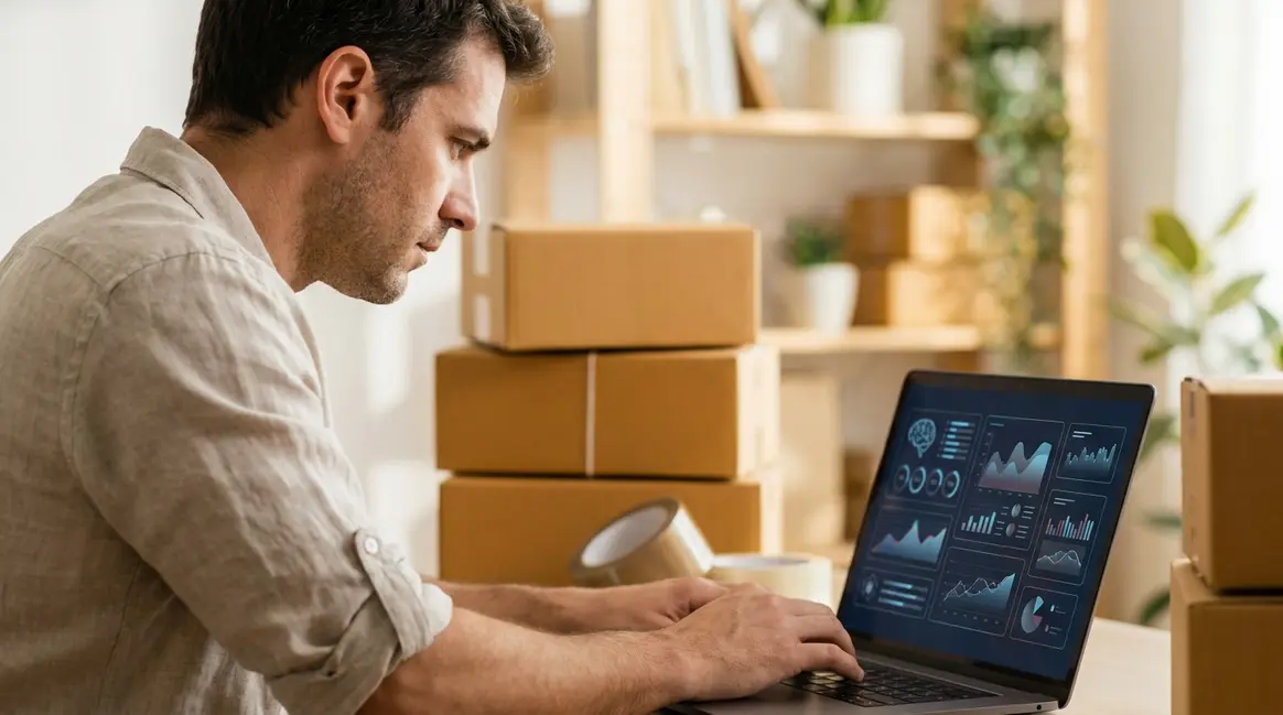 Um vendedor de e-commerce em seu escritório, focado em um laptop que exibe uma interface de criação de anúncios com elementos de inteligência artificial. Ao fundo, caixas de produtos embalados e etiquetas de envio.