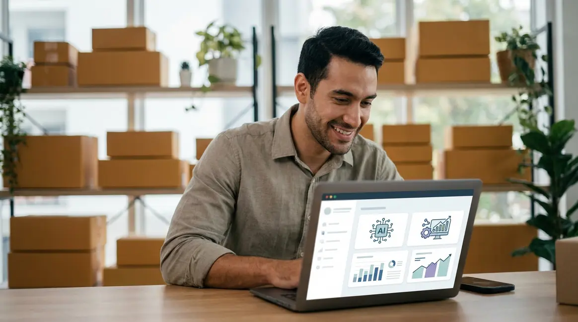 Um vendedor de e-commerce sorrindo, olhando para a tela de um laptop que exibe um painel de criação de anúncios com elementos de inteligência artificial. Ao fundo, caixas de produtos embaladas e uma atmosfera de escritório moderno e organizado.