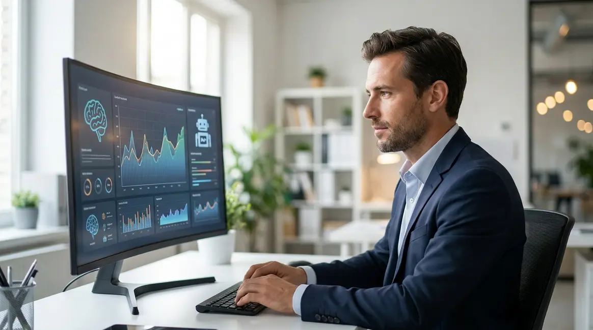 Vendedor de e-commerce em frente a um monitor exibindo um dashboard do Mercado Livre com gráficos de desempenho e ícones de inteligência artificial, em um ambiente de escritório moderno e organizado.