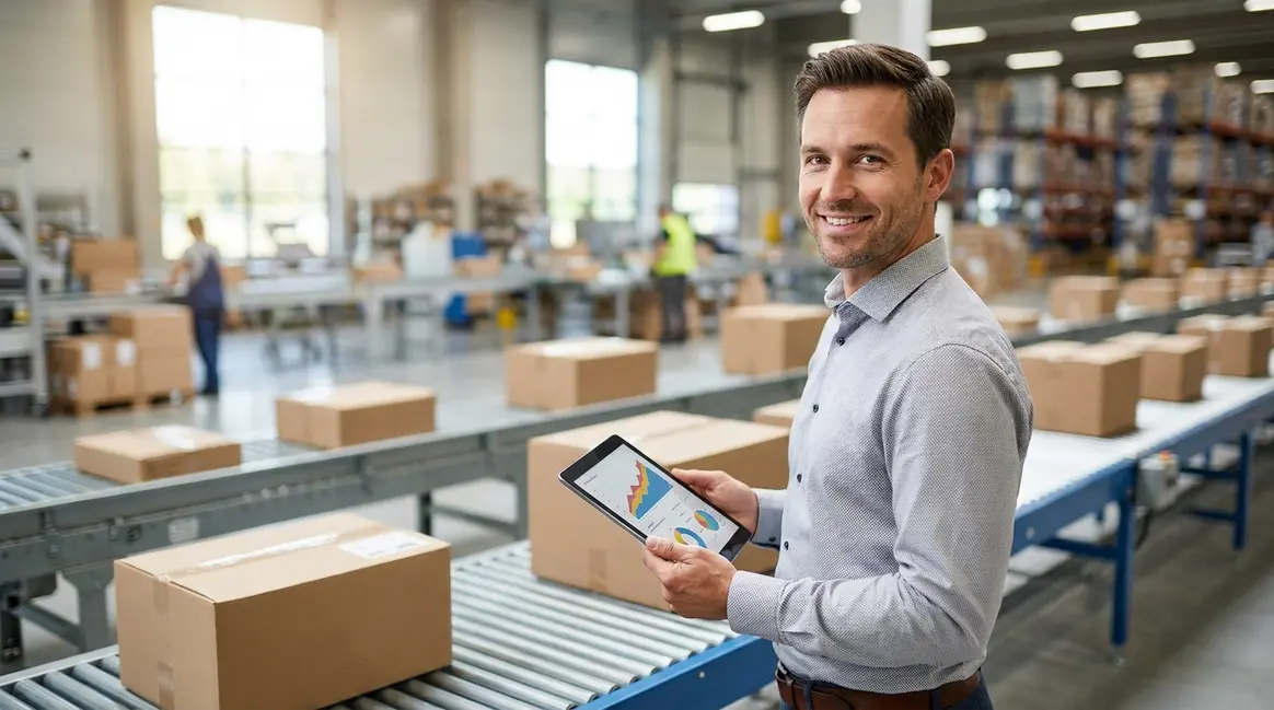 Armazém moderno do Mercado Livre com pacotes sendo movimentados em esteiras, um vendedor sorrindo enquanto monitora um tablet com gráficos de desempenho e custos reduzidos. A cena transmite eficiência e sucesso.