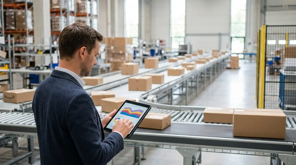 Armazém moderno do Mercado Livre com pacotes sendo movimentados em esteiras, enquanto um vendedor observa um tablet com gráficos de vendas e logística em primeiro plano.