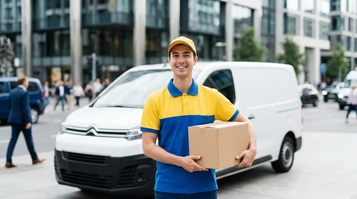Um entregador sorridente com uniforme do Mercado Livre, segurando um pacote, em frente a um veículo de entrega. Ao fundo, um cenário urbano movimentado com prédios e ruas, sob luz do dia. A cena transmite agilidade e eficiência logística.