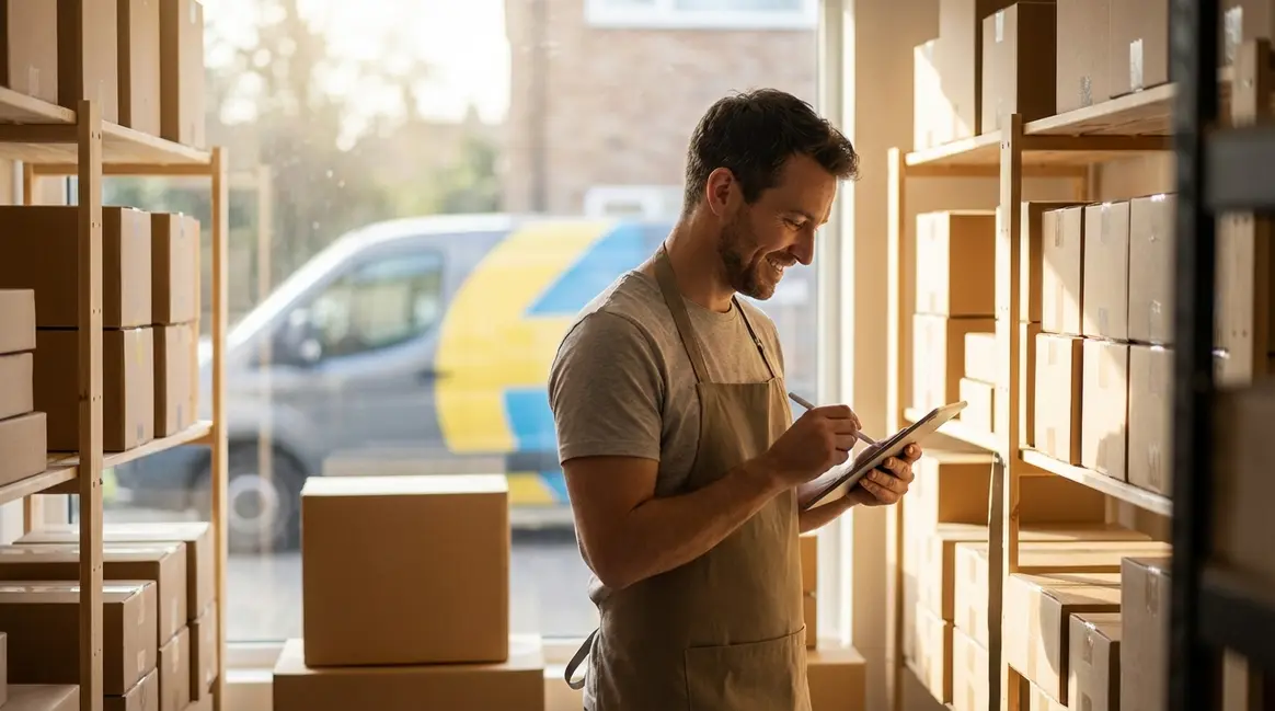 Um armazém pequeno e organizado, com caixas de produtos empilhadas e um vendedor sorridente conferindo pedidos em um tablet, ao lado de uma van de entrega com o logo do Mercado Livre Envios Flex (sem texto visível, apenas o conceito de entrega rápida). A luz natural entra por uma janela, criando um ambiente produtivo.