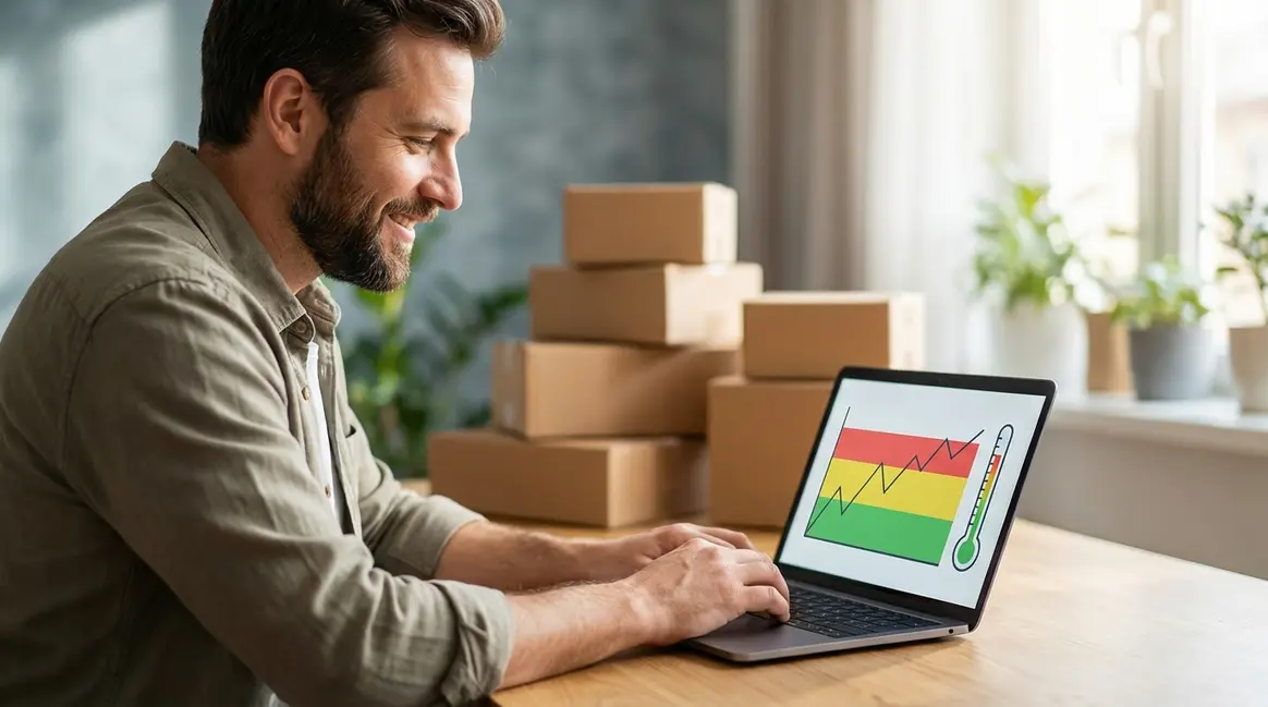 Um vendedor de e-commerce em seu escritório, olhando para um laptop que exibe um gráfico de desempenho e um termômetro digital com cores de reputação. Há caixas de produtos embaladas ao fundo, sugerindo logística.