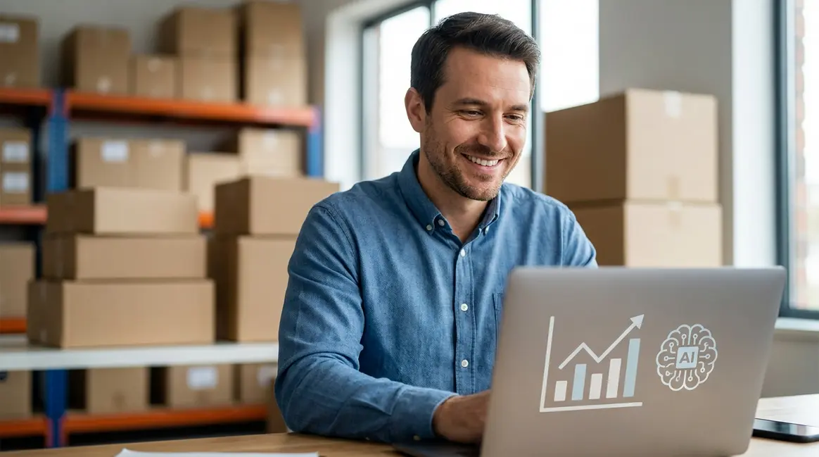 Um vendedor de e-commerce sorrindo enquanto olha para a tela de um laptop, que exibe um dashboard com gráficos de vendas em crescimento e um ícone de inteligência artificial. Ao fundo, caixas de produtos empilhadas em um ambiente de estoque organizado.