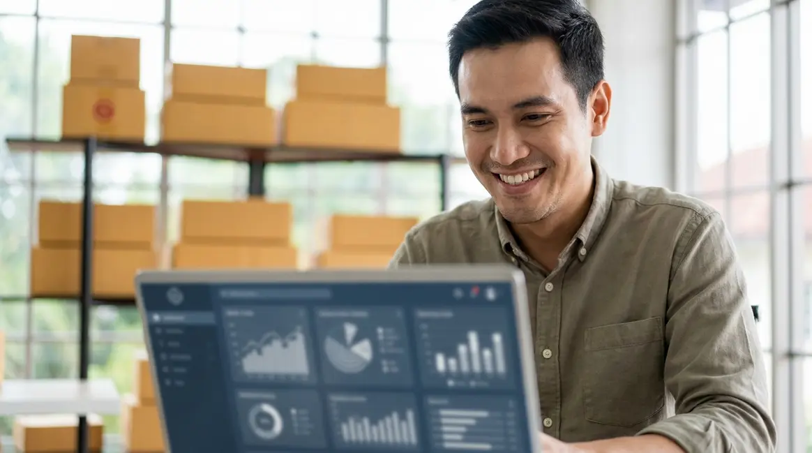 Um vendedor de e-commerce sorrindo, olhando para a tela de um laptop que exibe um painel de gerenciamento de anúncios do Mercado Livre com gráficos e textos gerados por IA. Ao fundo, caixas de produtos embaladas e uma iluminação clara e moderna.
