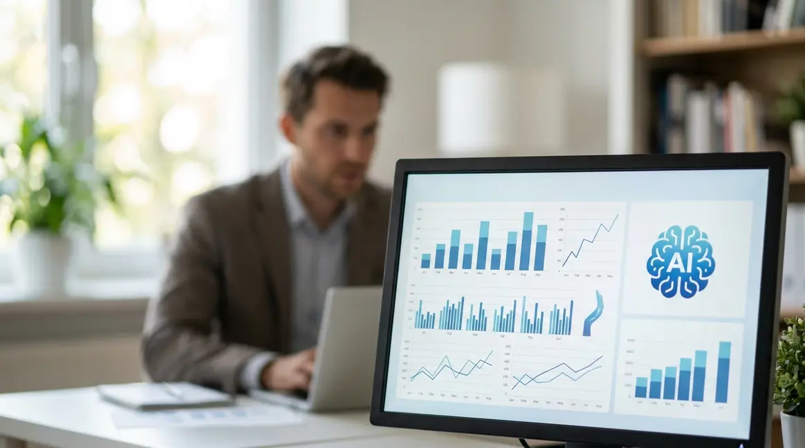 Tela de computador exibindo um dashboard do Mercado Livre com gráficos de performance e um ícone de inteligência artificial, com um vendedor focado ao fundo em um ambiente de escritório ou home office.