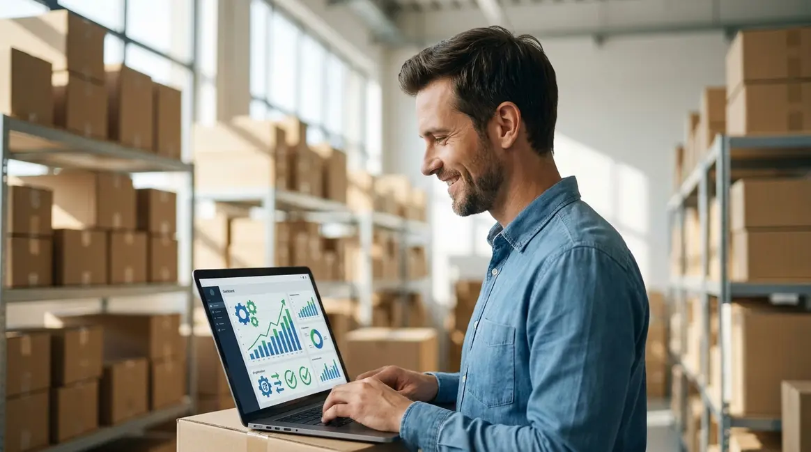 Um vendedor de e-commerce sorrindo enquanto olha para a tela de um laptop, que exibe um dashboard com gráficos de vendas em crescimento e sugestões de otimização de anúncios por IA. Ao fundo, caixas de produtos empilhadas em um ambiente de estoque organizado, com iluminação clara e moderna.