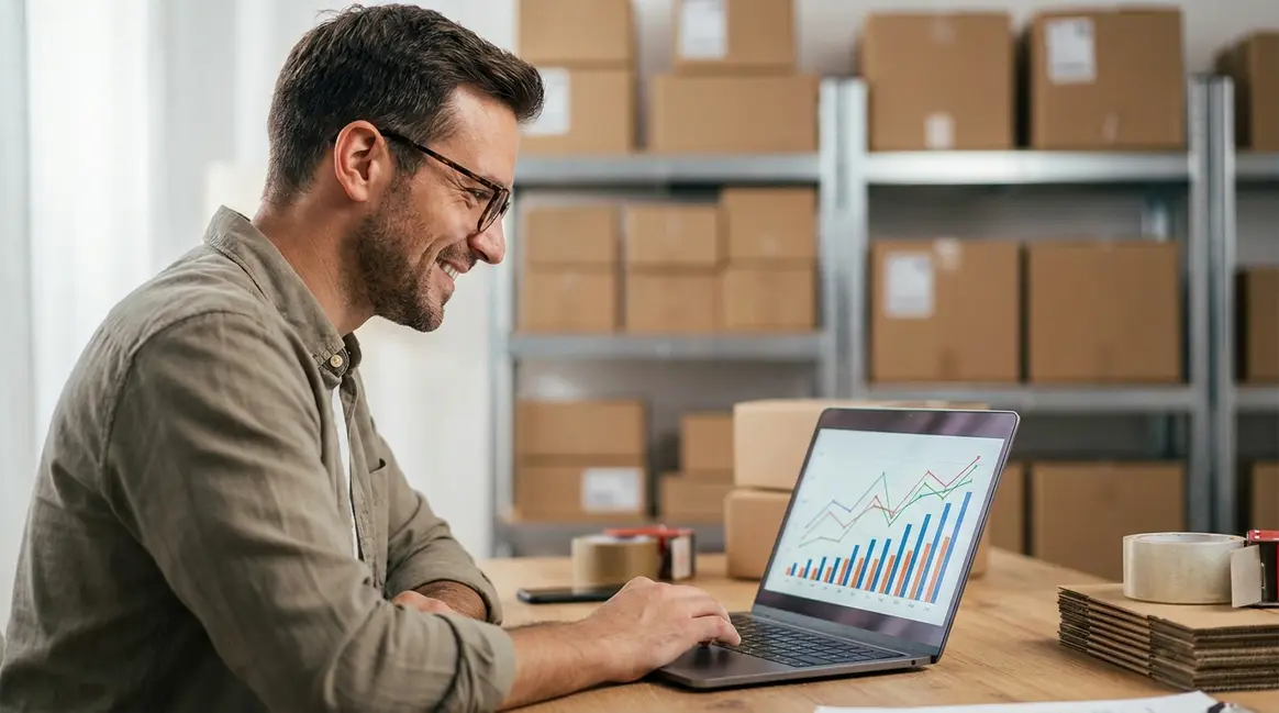 Um vendedor de e-commerce sorrindo enquanto olha para a tela de um laptop, que exibe um dashboard de vendas com gráficos em alta. Ao fundo, caixas de produtos embaladas e prateleiras de um pequeno estoque, com iluminação clara e ambiente organizado.