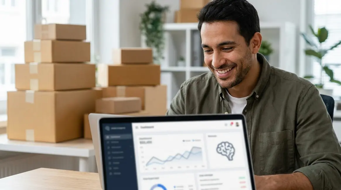Um vendedor de e-commerce sorrindo enquanto olha para a tela de um laptop, que exibe um dashboard do Mercado Livre com gráficos de vendas e um ícone de inteligência artificial. Ao fundo, caixas de produtos embaladas e prontas para envio, em um ambiente de escritório organizado.