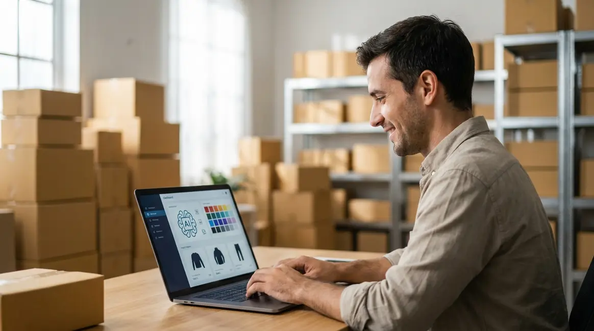 Um vendedor de e-commerce sorrindo enquanto interage com um laptop, que exibe uma interface de criação de anúncios com elementos de inteligência artificial. Ao fundo, caixas de produtos embaladas e prateleiras organizadas, sugerindo um ambiente de estoque eficiente.