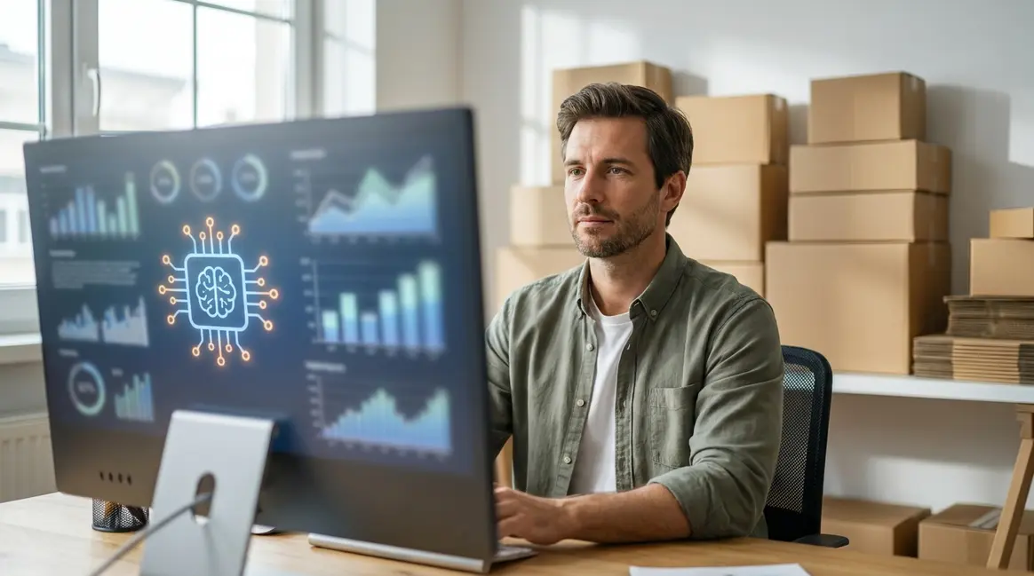 Um vendedor de e-commerce em seu escritório, olhando para um monitor que exibe um dashboard com gráficos de vendas e sugestões de otimização de anúncios, com um ícone sutil de inteligência artificial. Há caixas de produtos empilhadas ao fundo, indicando a operação logística.