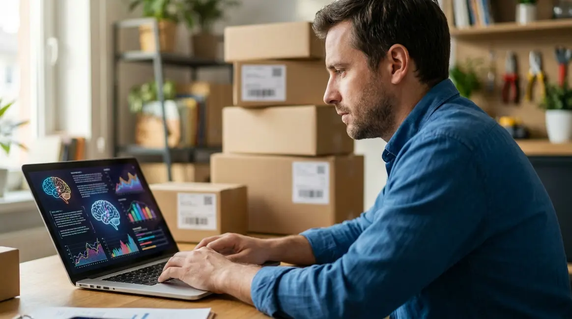 Um vendedor de e-commerce em seu escritório, olhando para um laptop que exibe um dashboard do Mercado Livre com elementos visuais de inteligência artificial, como gráficos e sugestões de texto. Há caixas de produtos embaladas ao fundo, indicando a operação de vendas.