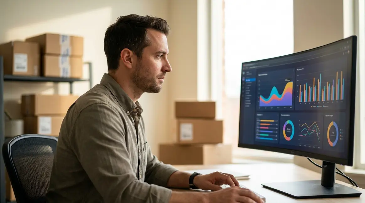 Um vendedor de e-commerce em seu escritório moderno, olhando para um monitor que exibe um dashboard do Mercado Livre com gráficos e insights gerados por IA. Há caixas de produtos embaladas ao fundo, sugerindo eficiência e volume de vendas.