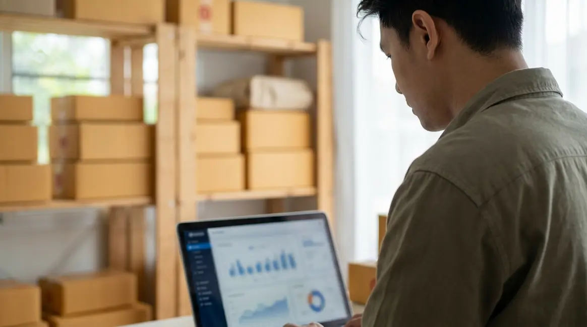 Um vendedor de e-commerce focado em seu laptop, com a tela exibindo um dashboard de campanhas de anúncios do Mercado Livre, enquanto pacotes de produtos estão organizados ao fundo em um ambiente de estoque.