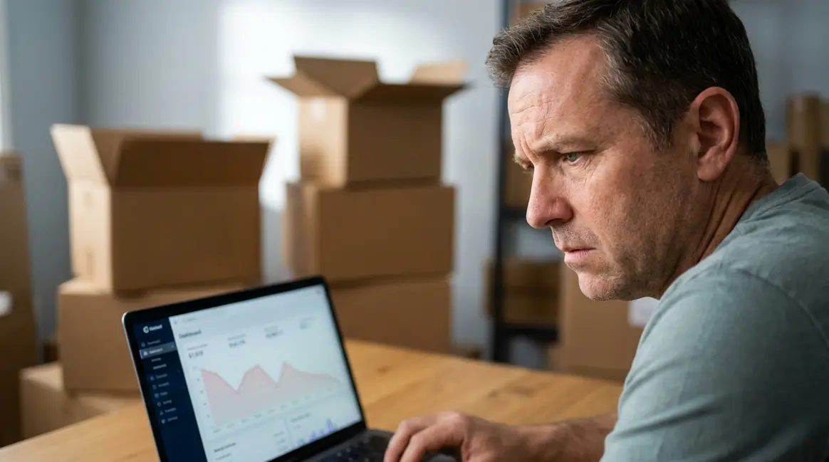Um vendedor de e-commerce, com expressão preocupada, olhando para um laptop que exibe um painel de controle do Mercado Livre com gráficos de reputação em queda. Ao fundo, caixas de produtos empilhadas e algumas vazias, sugerindo problemas de estoque.