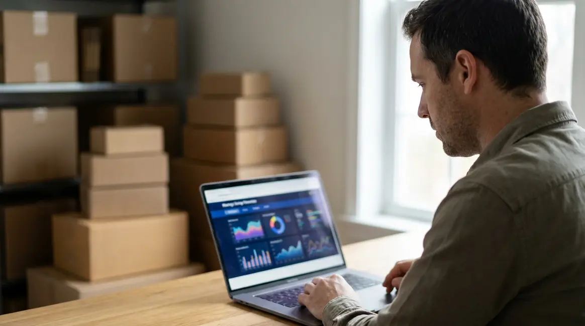 Um vendedor de e-commerce em seu escritório, olhando para um laptop que exibe gráficos de custos de envio e margens de lucro. Há caixas de produtos embalados ao fundo, sugerindo a operação logística e a necessidade de gestão de estoque.