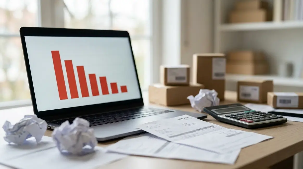 Mesa de escritório com um laptop exibindo um gráfico de barras decrescente, notas fiscais, uma calculadora e pequenos pacotes de produtos ao fundo, simbolizando o impacto nas margens de lucro de um vendedor de e-commerce.