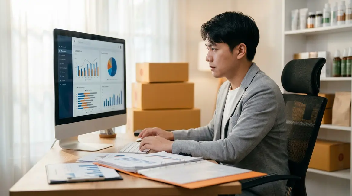 Vendedor de e-commerce em frente a um computador, analisando gráficos de vendas e documentos fiscais, com caixas de produtos ao fundo. A cena transmite foco e estratégia.