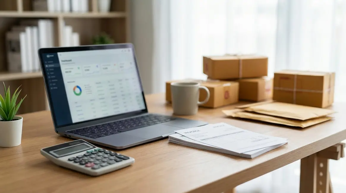 Mesa de escritório com um laptop exibindo o painel de controle do Mercado Livre, uma calculadora, notas fiscais e pequenos pacotes de produtos ao fundo, simbolizando a gestão de custos e envios.