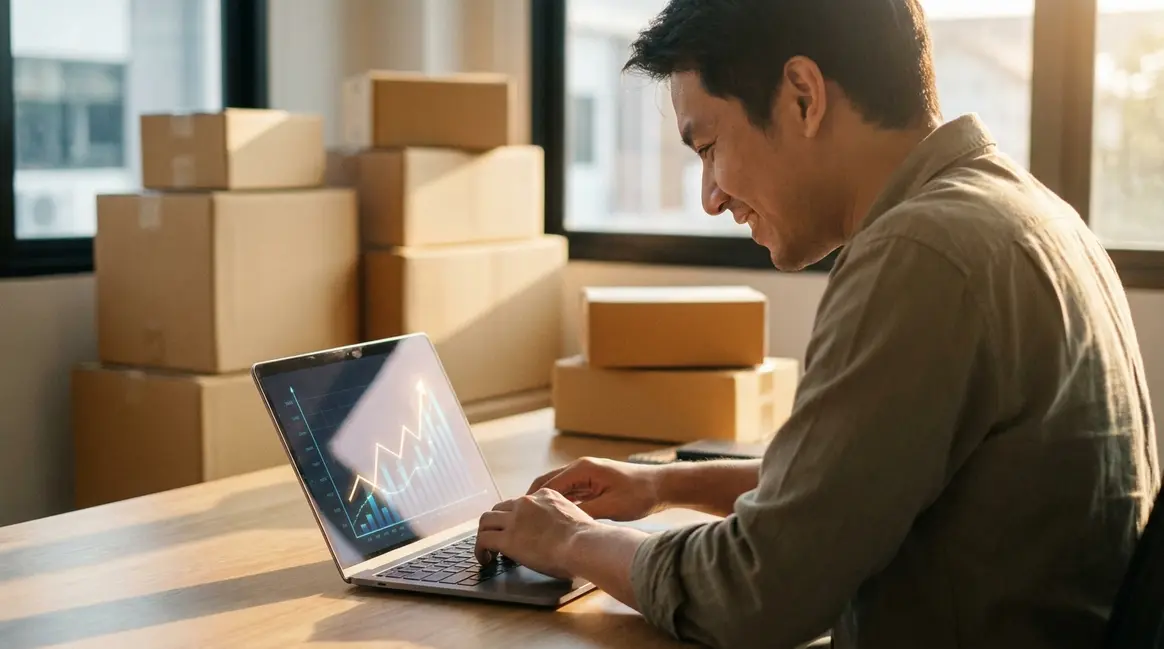 Um vendedor de e-commerce em seu escritório, olhando para um laptop que exibe um dashboard de vendas com gráficos de pico. Ao fundo, caixas de produtos embalados e prontos para envio, com uma iluminação dinâmica que sugere agilidade e oportunidade.