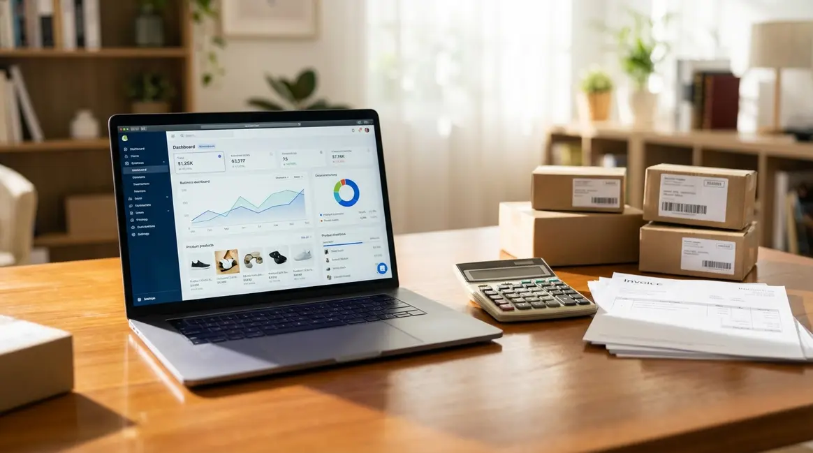 Mesa de escritório com um laptop exibindo o painel de vendas do Mercado Livre, ao lado de uma calculadora, notas fiscais e alguns pacotes prontos para envio. A iluminação é clara e focada nos objetos, transmitindo organização e análise.