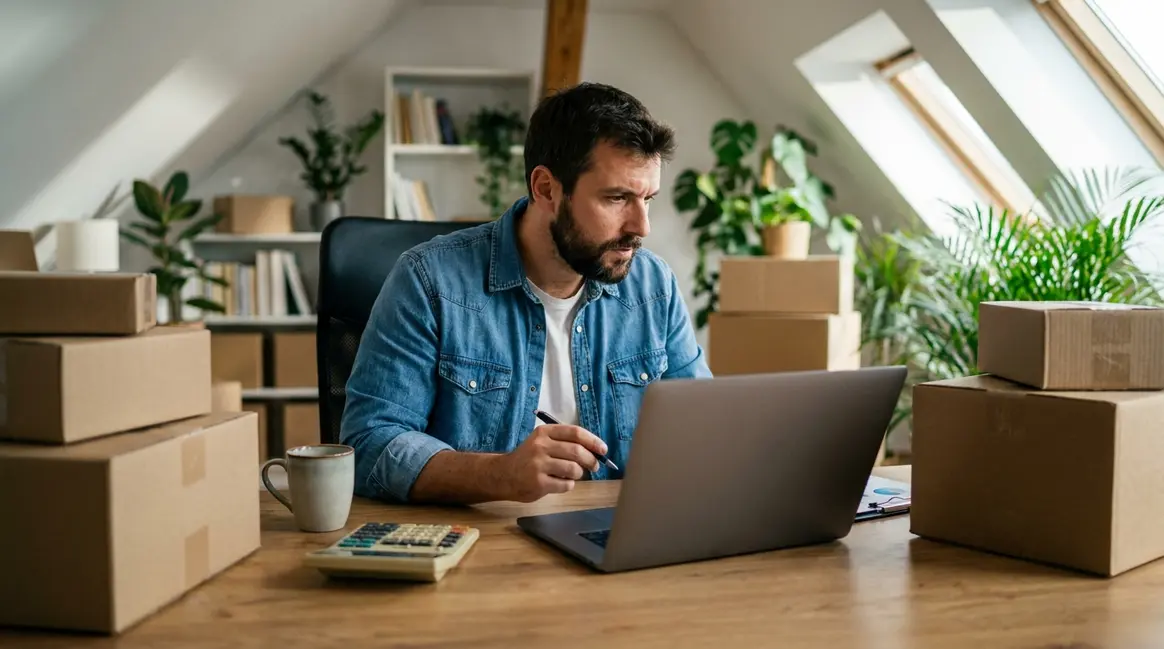 Um vendedor de e-commerce analisando gráficos de vendas e custos em um laptop, com caixas de envio e uma calculadora na mesa. A cena transmite foco e estratégia em um ambiente de trabalho.