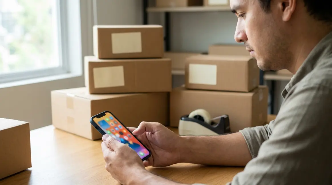 Um vendedor de e-commerce em seu escritório doméstico, olhando para um smartphone que exibe os aplicativos do Mercado Livre e Shopee. Ao fundo, caixas de produtos embalados e etiquetas de envio, com uma iluminação clara e focada na interação com o celular.