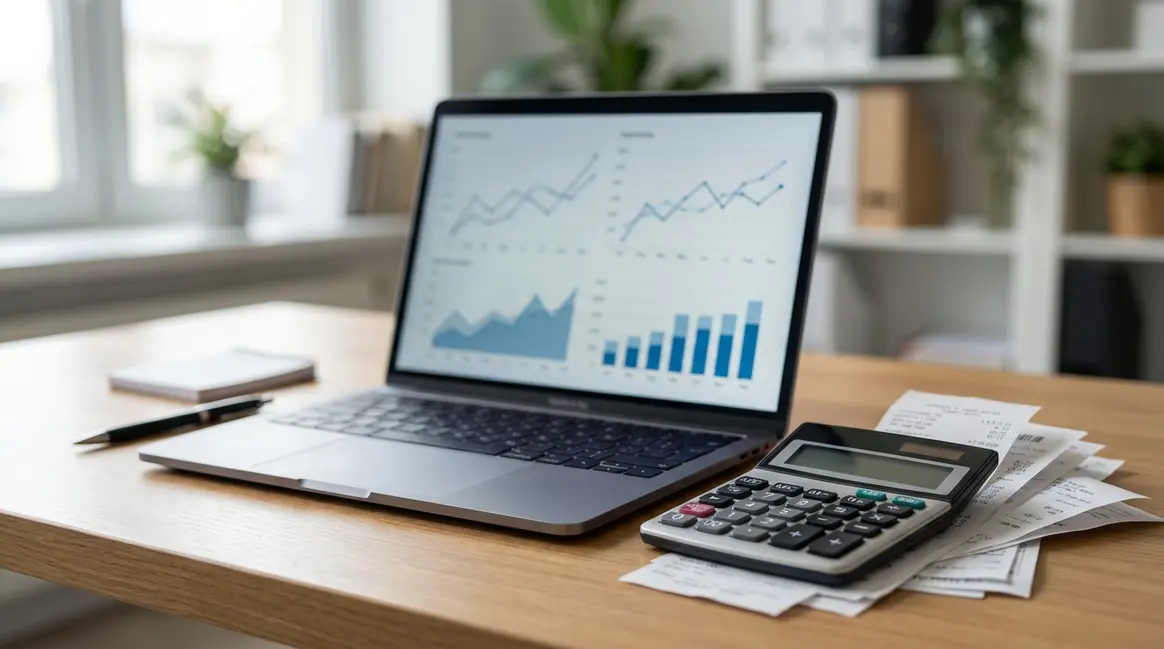 Mesa de escritório com um laptop exibindo gráficos de vendas e uma calculadora ao lado de notas fiscais, simbolizando a análise de custos e lucros para um vendedor de marketplace. A iluminação é clara e focada nos objetos, transmitindo seriedade e planejamento.