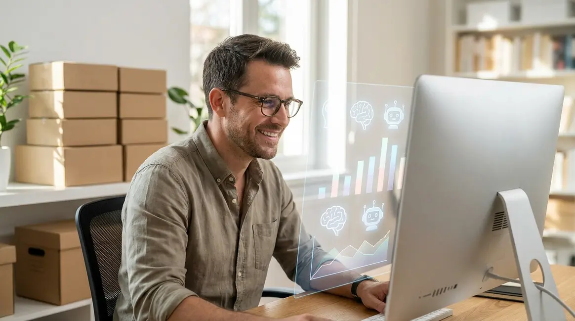 Um vendedor de e-commerce em seu escritório, olhando para um monitor que exibe gráficos de vendas e um painel de controle com ícones de IA. Ao fundo, caixas de produtos empilhadas e um ambiente organizado, com iluminação clara.