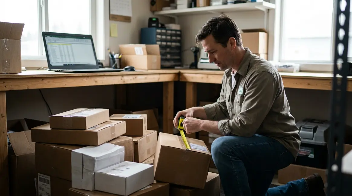 Um vendedor de e-commerce em um pequeno armazém, examinando caixas de diferentes tamanhos e uma fita métrica, com um laptop aberto exibindo uma planilha de custos de frete ao fundo. A iluminação é prática e focada na tarefa.