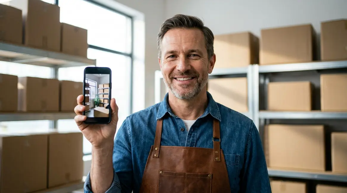 Um vendedor sorridente em um armazém organizado, segurando um smartphone que exibe um vídeo de produto, com caixas de encomendas ao fundo. A iluminação é clara e focada no vendedor e no smartphone.