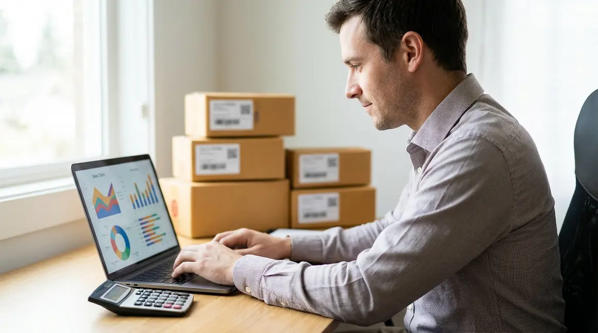 Vendedor de e-commerce em seu escritório, olhando para um laptop com gráficos de vendas e uma calculadora ao lado, com caixas de produtos importados desfocadas ao fundo. A iluminação é clara e focada no vendedor.