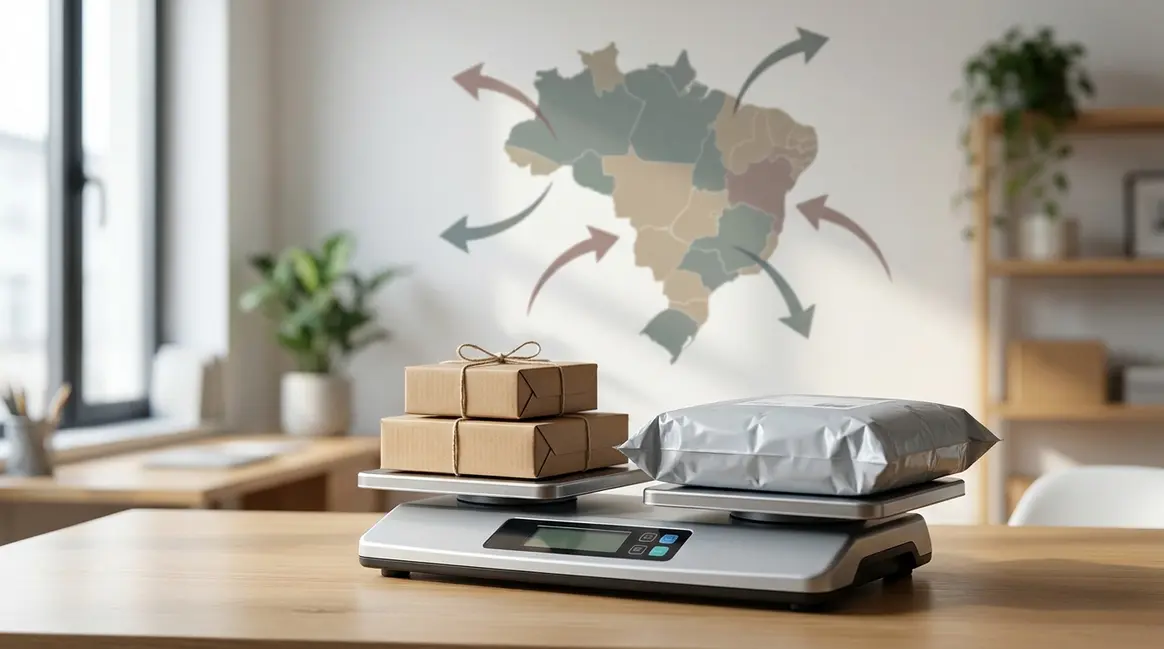 Uma balança digital de e-commerce com pacotes de diferentes tamanhos em cada prato, simbolizando a competição entre produtos nacionais e importados. Ao fundo, um mapa do Brasil com setas de importação e exportação.