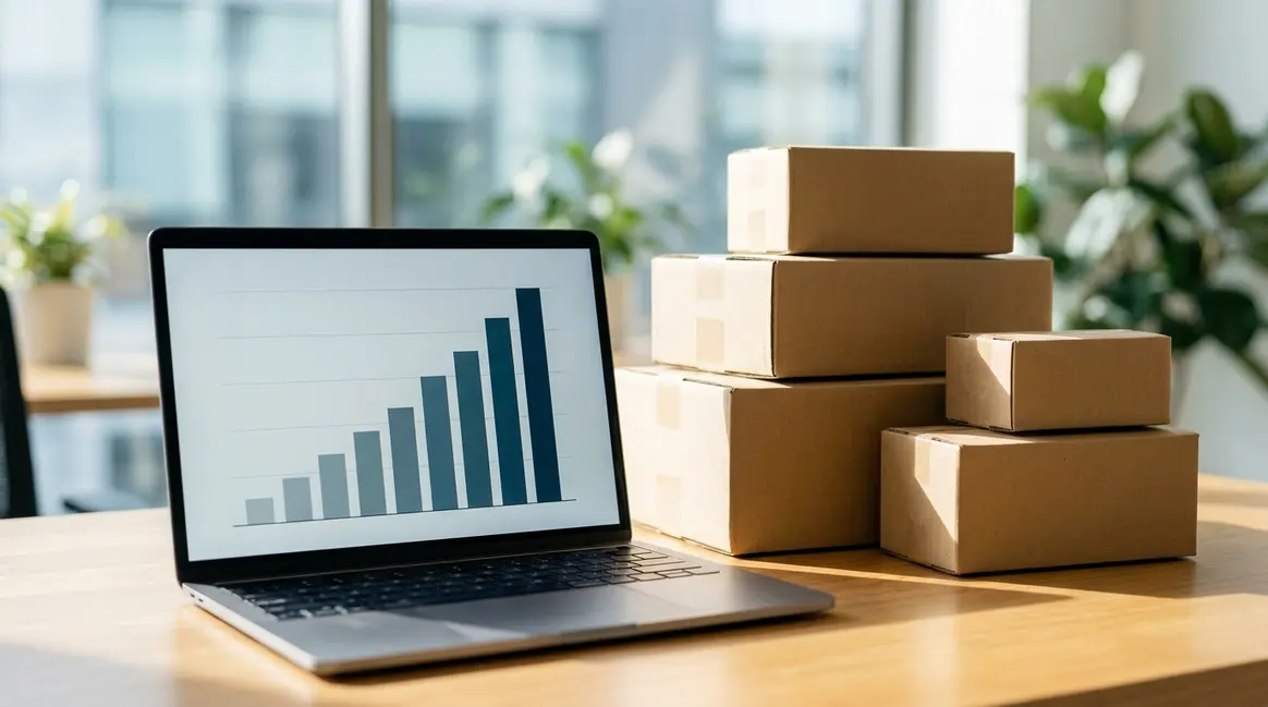 Uma mesa de escritório com um laptop exibindo um gráfico de barras subindo (representando impostos) e pacotes de e-commerce empilhados ao lado. A iluminação é clara, focando nos objetos que representam o impacto financeiro e logístico para o vendedor.